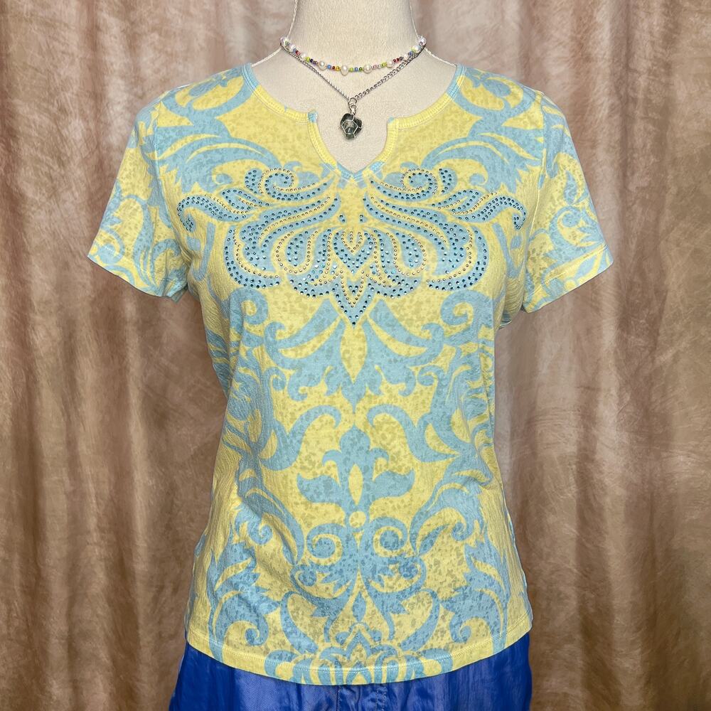 Y2K Rocaille Paisley Print T-Shirt Burnout Rhinestone Yellow Blue Boho Surfer